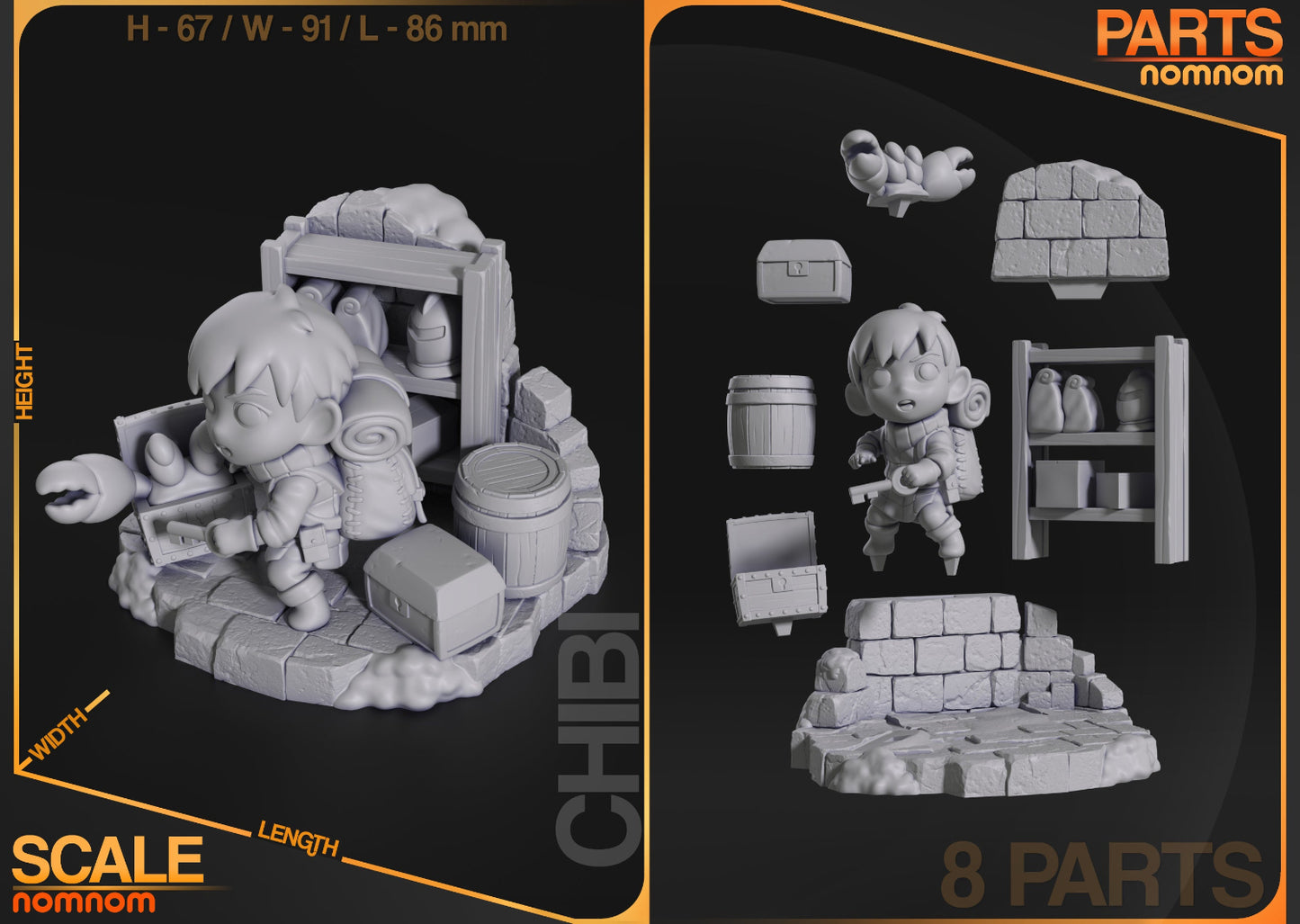 Exploded parts of Chibi Chillchuck diorama, showing individual components like mimic chest, backpack, and base.