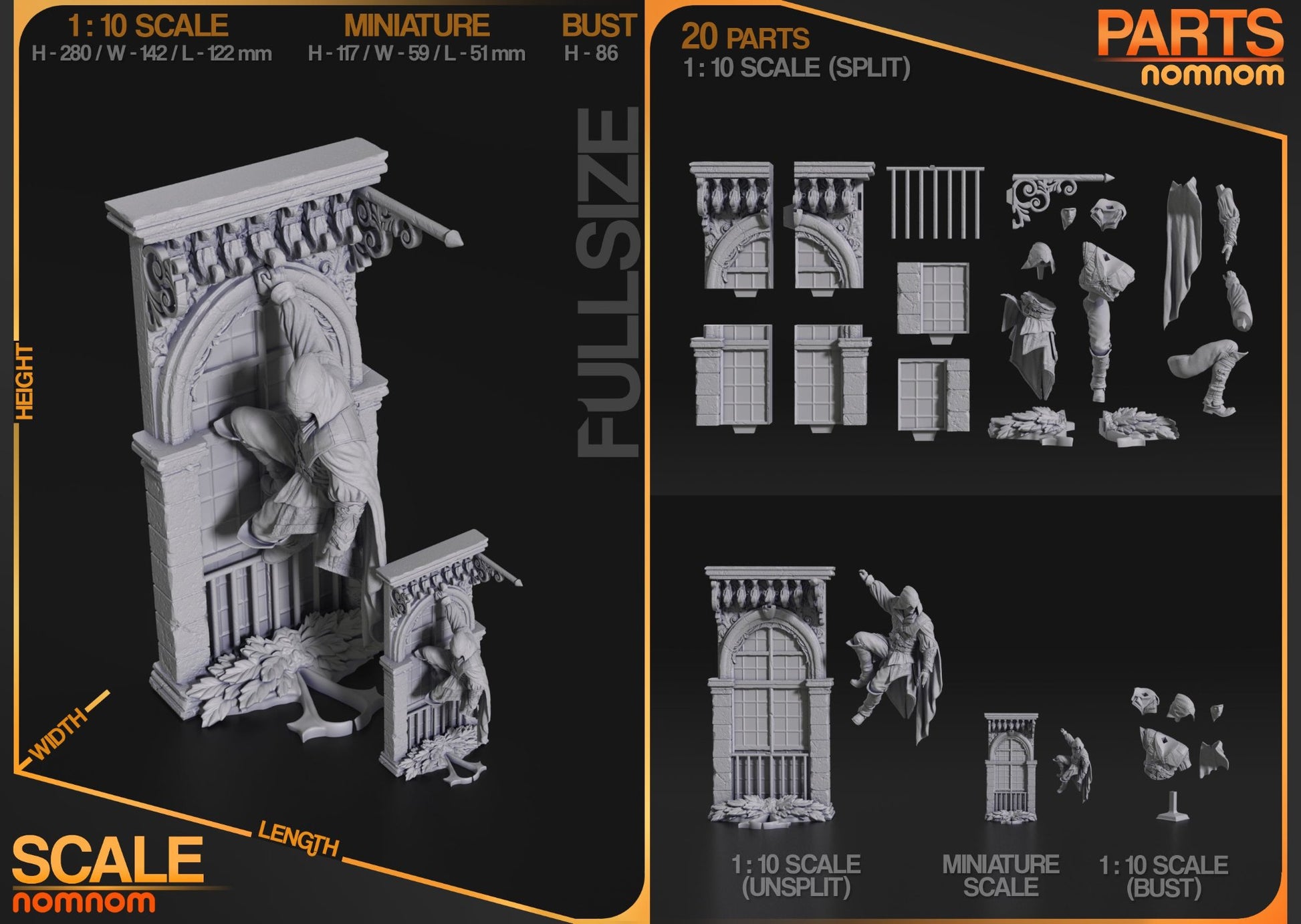 Detailed parts layout of the Ezio figurine, featuring architectural base components and split figure parts.