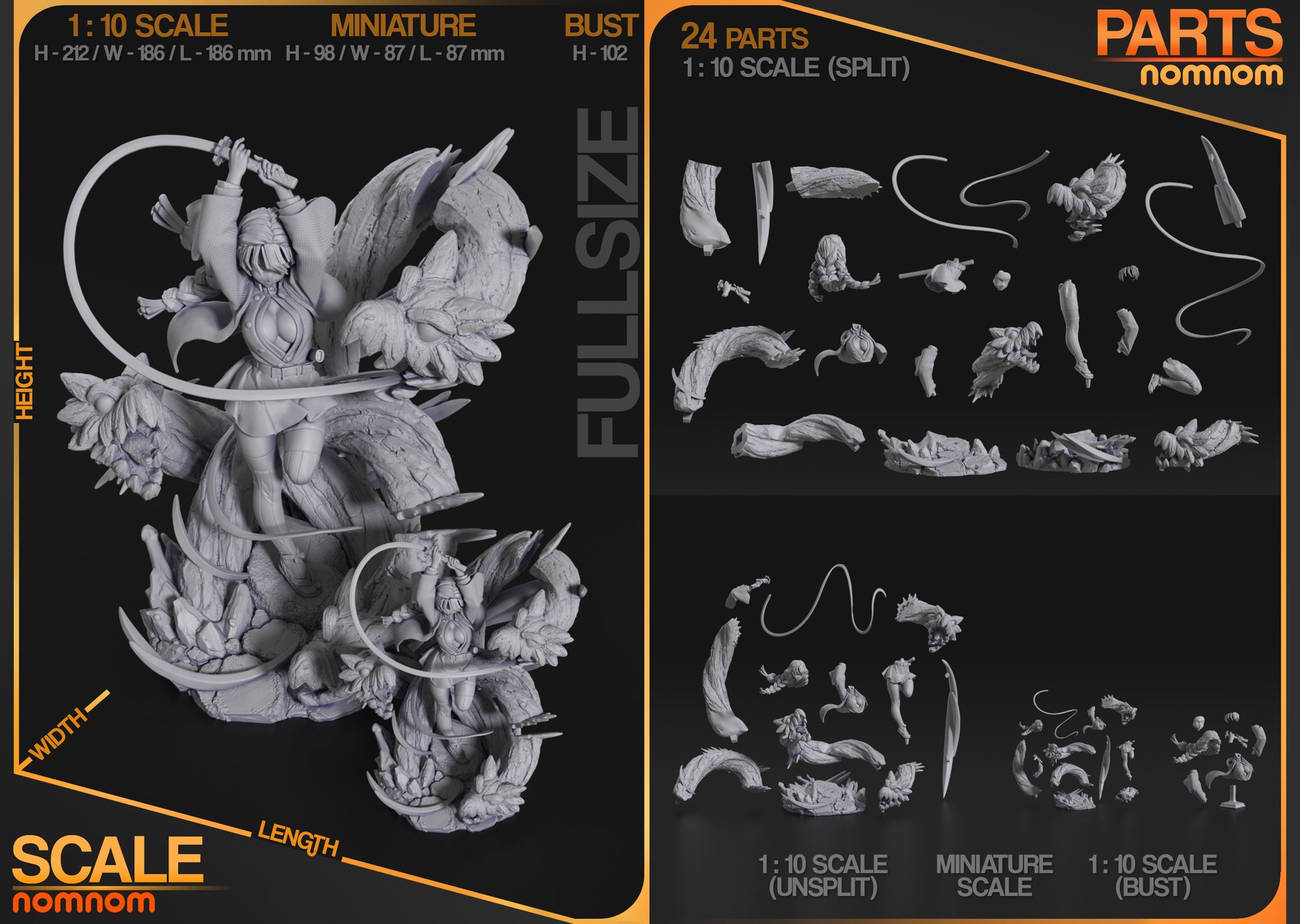 Mitsuri Kanroji 1:10 scale miniature and bust parts layout showing split and unsplit configurations with labeled height width and length measurements