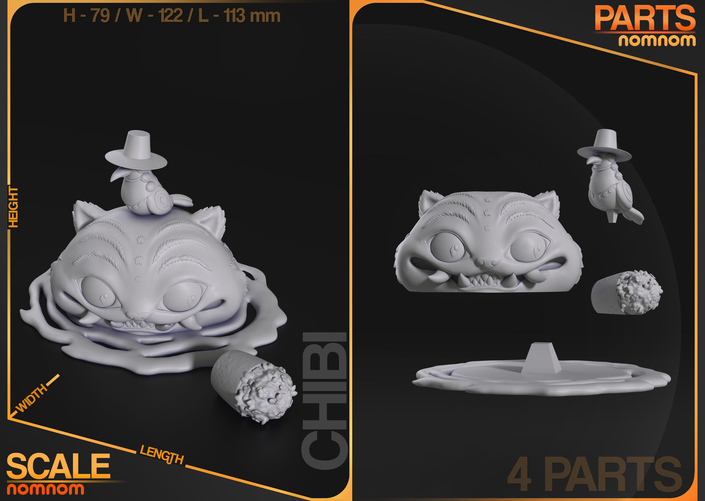 Scale reference of Chibi Derpy Cat & Sussie figurine showing dimensions and 4 separate modular parts