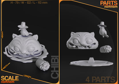 Scale reference of Chibi Derpy Cat & Sussie figurine showing dimensions and 4 separate modular parts