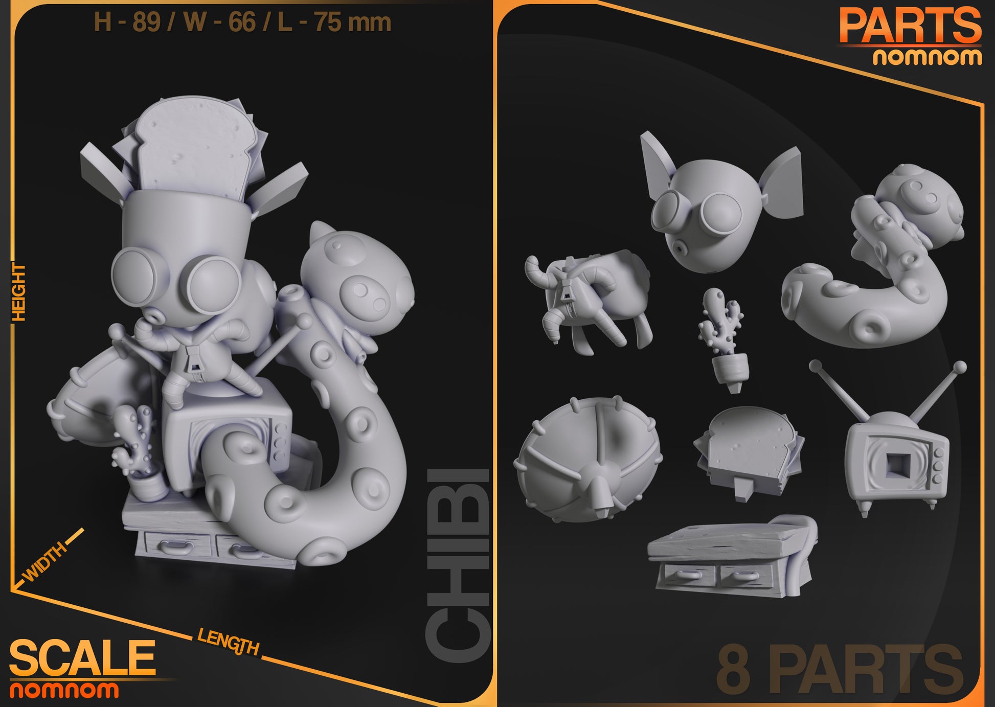 Chibi GIR Invader Zim collectible figure parts layout showing 8 modular pieces including head body base television tentacle creature and accessories