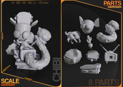 Chibi GIR Invader Zim collectible figure parts layout showing 8 modular pieces including head body base television tentacle creature and accessories