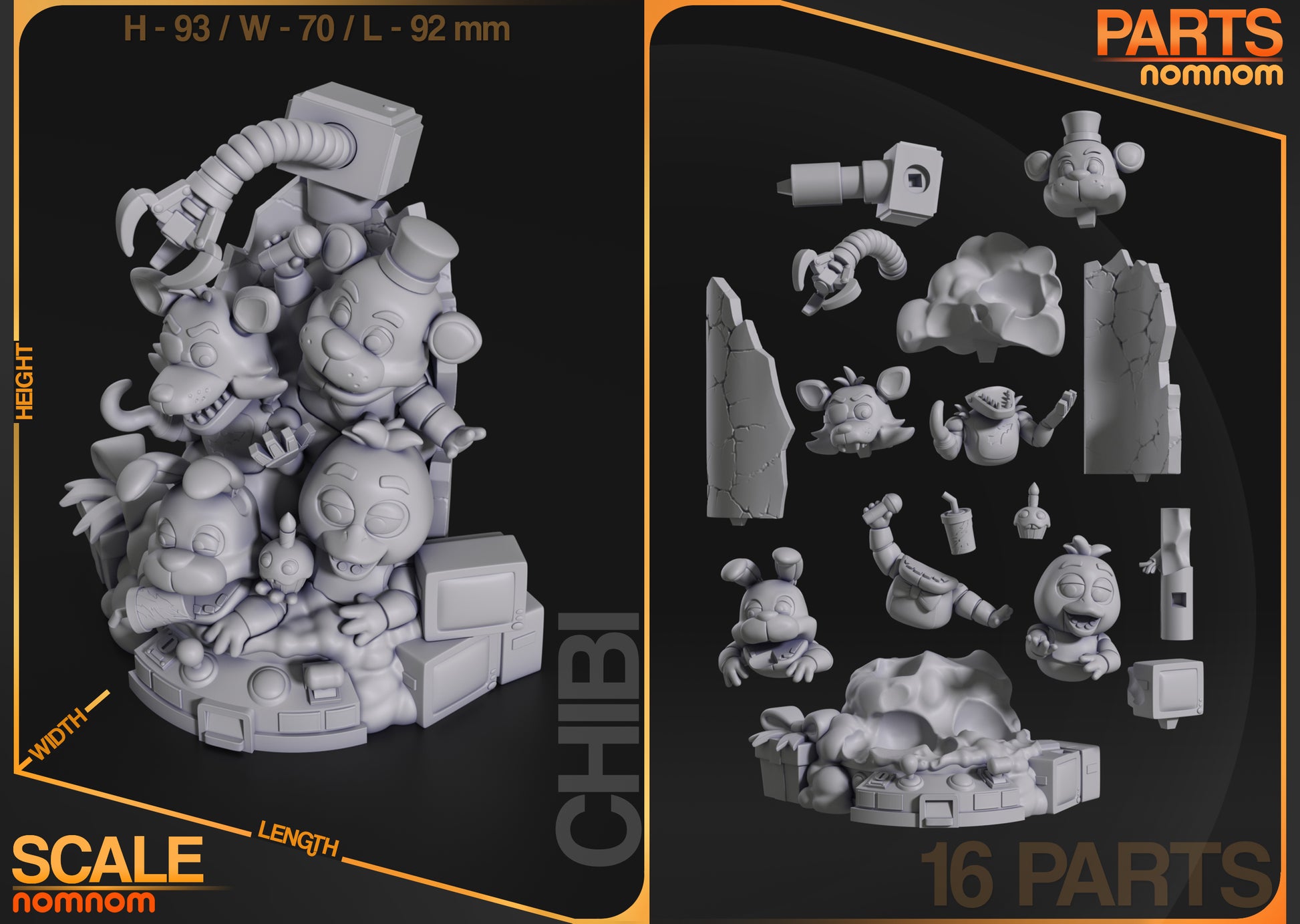 five nights at freddy’s chibi diorama dimensions and parts breakdown showing assembly pieces for freddy bonnie chica foxy claw arm base walls and props