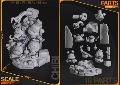 five nights at freddy’s chibi diorama dimensions and parts breakdown showing assembly pieces for freddy bonnie chica foxy claw arm base walls and props