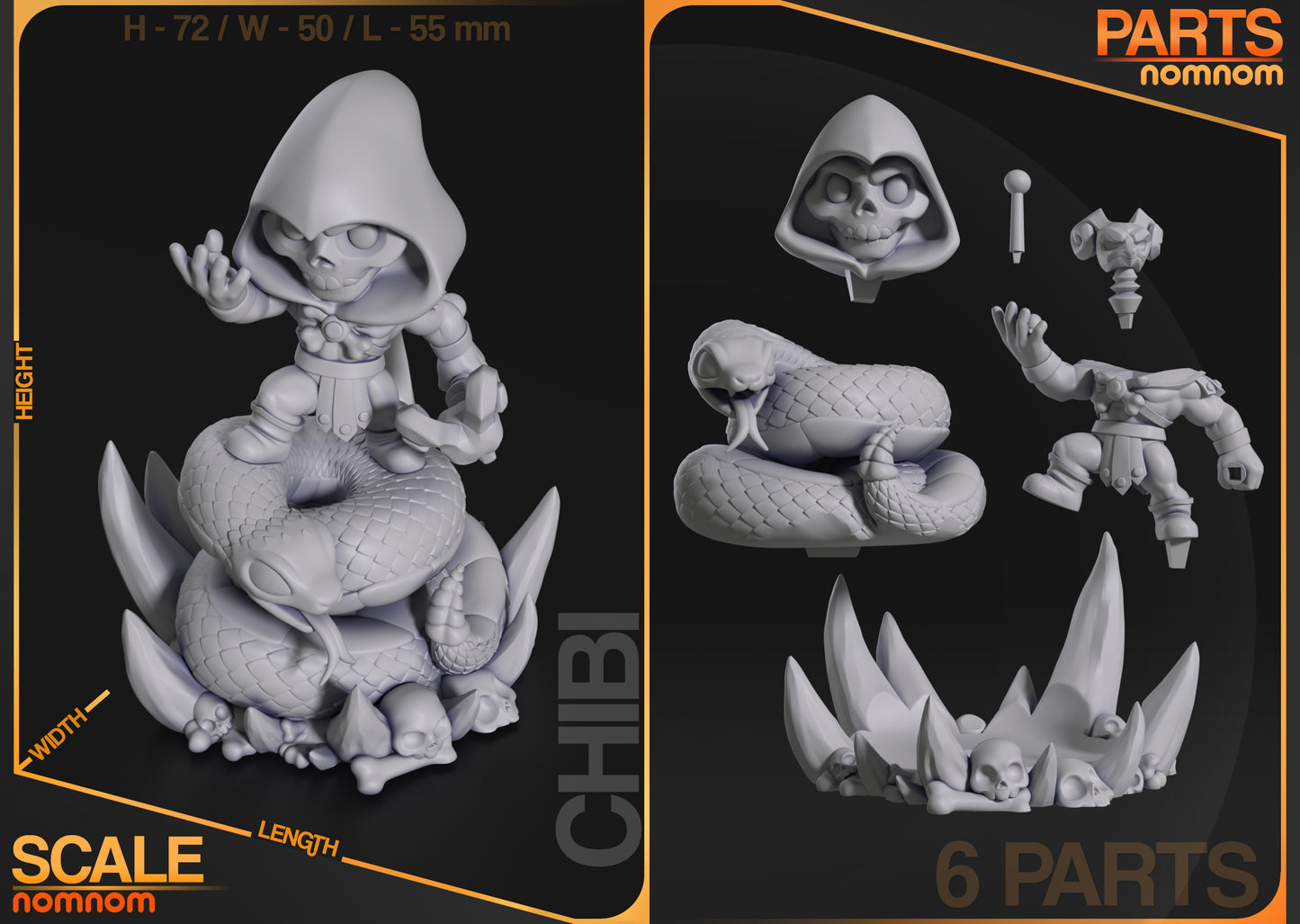 Breakdown of Chibi Skeletor figure showing 6 parts and dimensions (H 72mm x W 50mm x L 55mm)