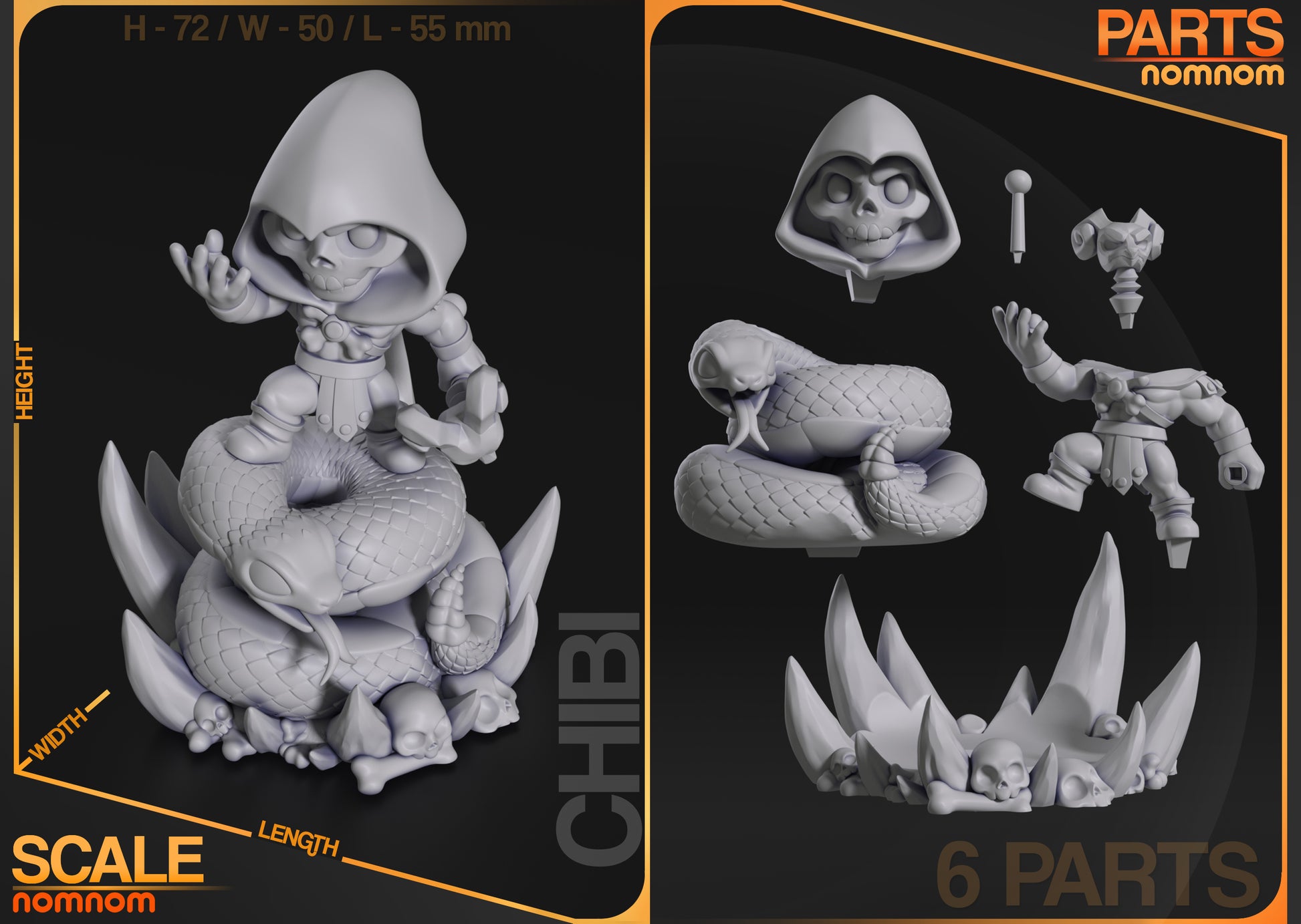 Breakdown of Chibi Skeletor figure showing 6 parts and dimensions (H 72mm x W 50mm x L 55mm)