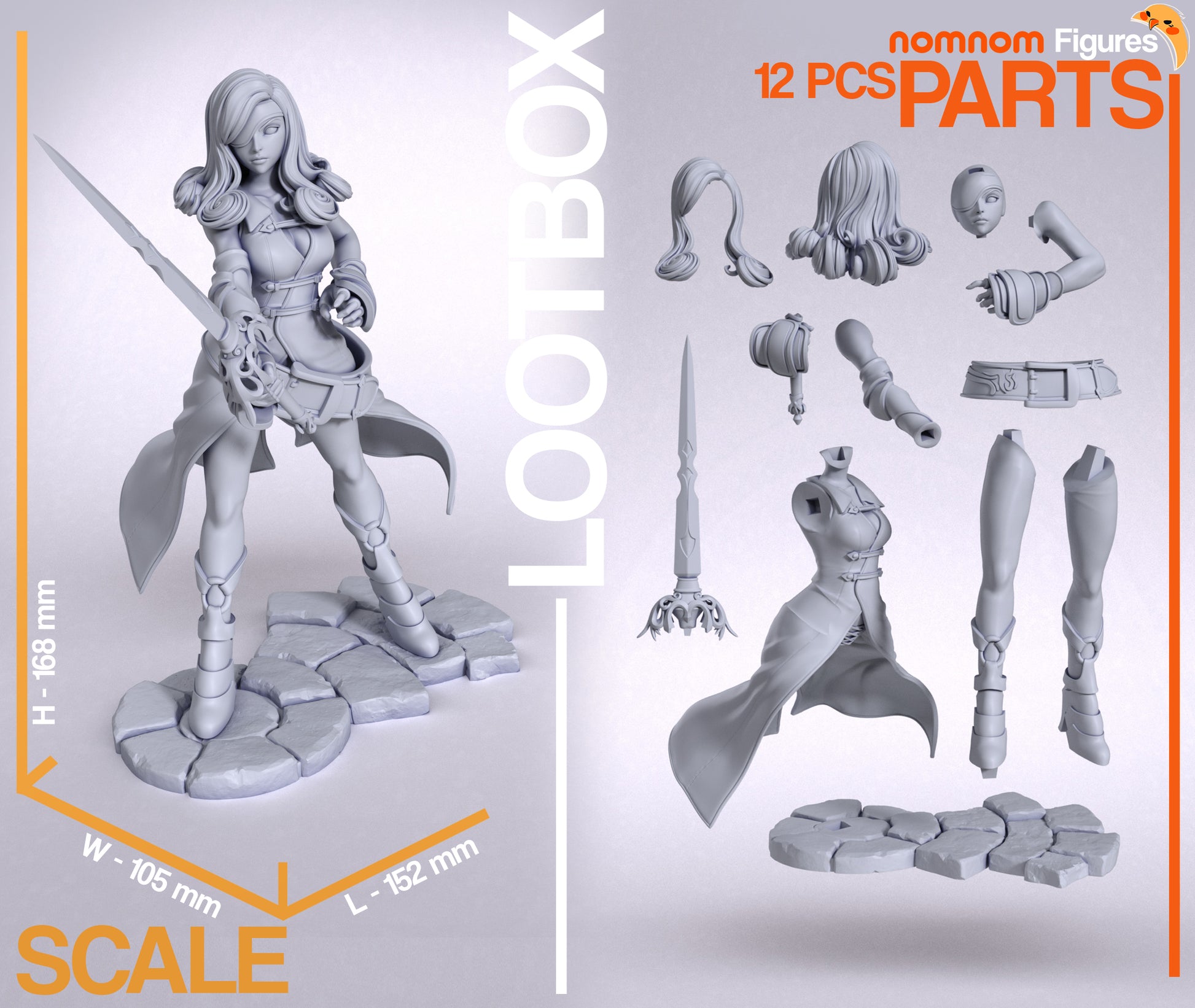 Exploded parts layout and size reference for Beatrix figure, displaying 12 individual pieces including sword, arms, torso, and scenic base.