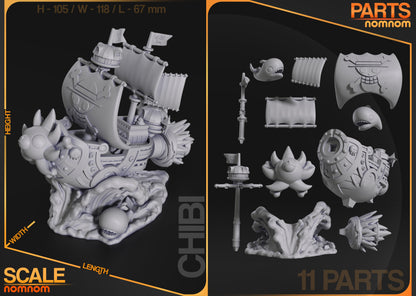 Chibi Thousand Sunny model kit parts layout with 11 unassembled pieces, including hull, sails, lion figurehead, mast, flags, waves, and whale, plus a scale reference showing height, width, and length in millimeters.