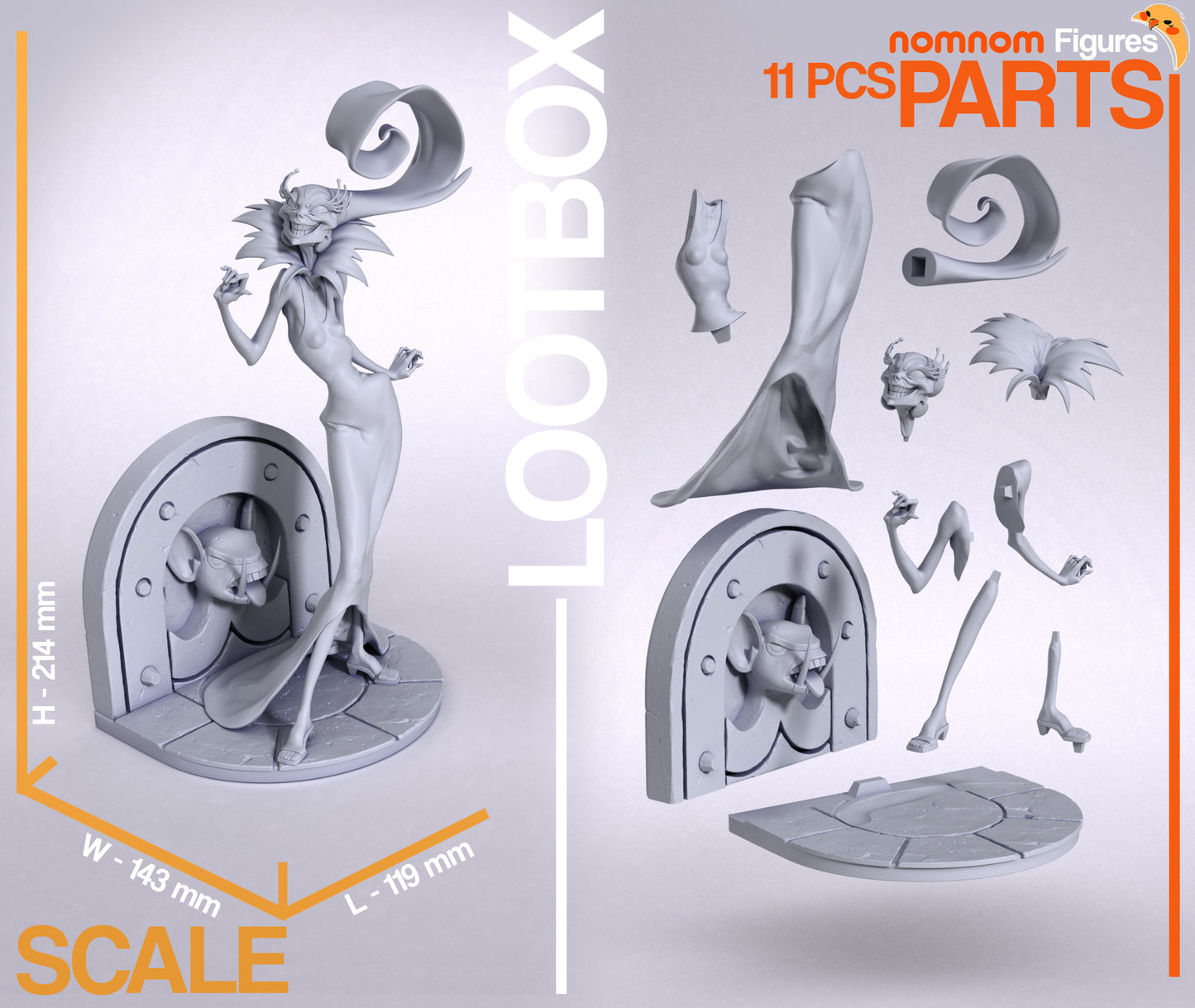 Yzma figure parts layout 1:10 scale showing base arch legs gown head headpiece hands and platform Emperor’s New Groove collectible statue NomNom Figures