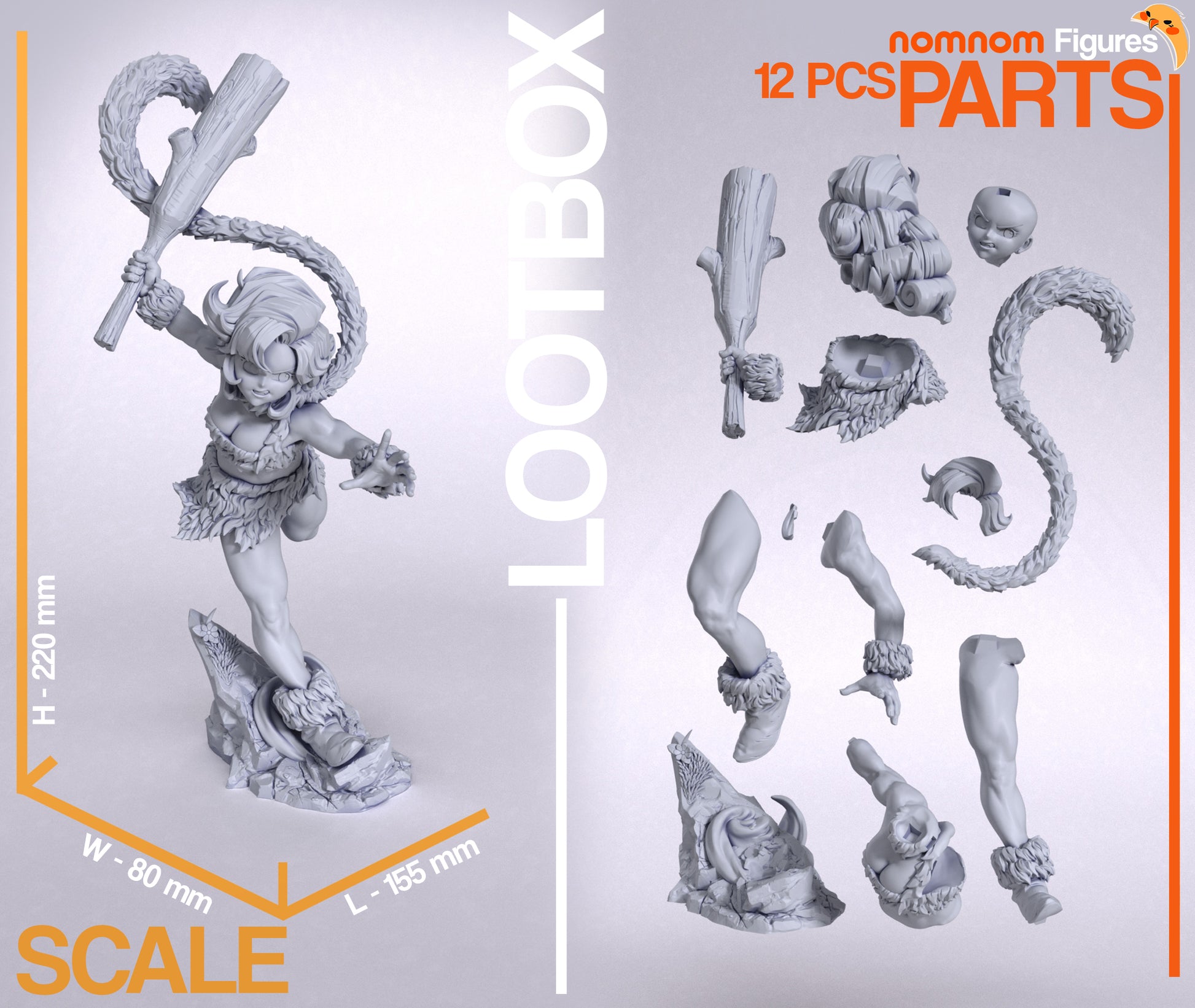 Unpainted 12-piece Ayla figure kit including club, hair, limbs, and rocky base – 1:10 scale Chrono Trigger collectible.