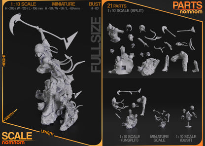 Scale and parts layout of Sciel figure showing 1:10 scale, 75mm miniature, and bust options with all sculpted pieces separated for assembly.