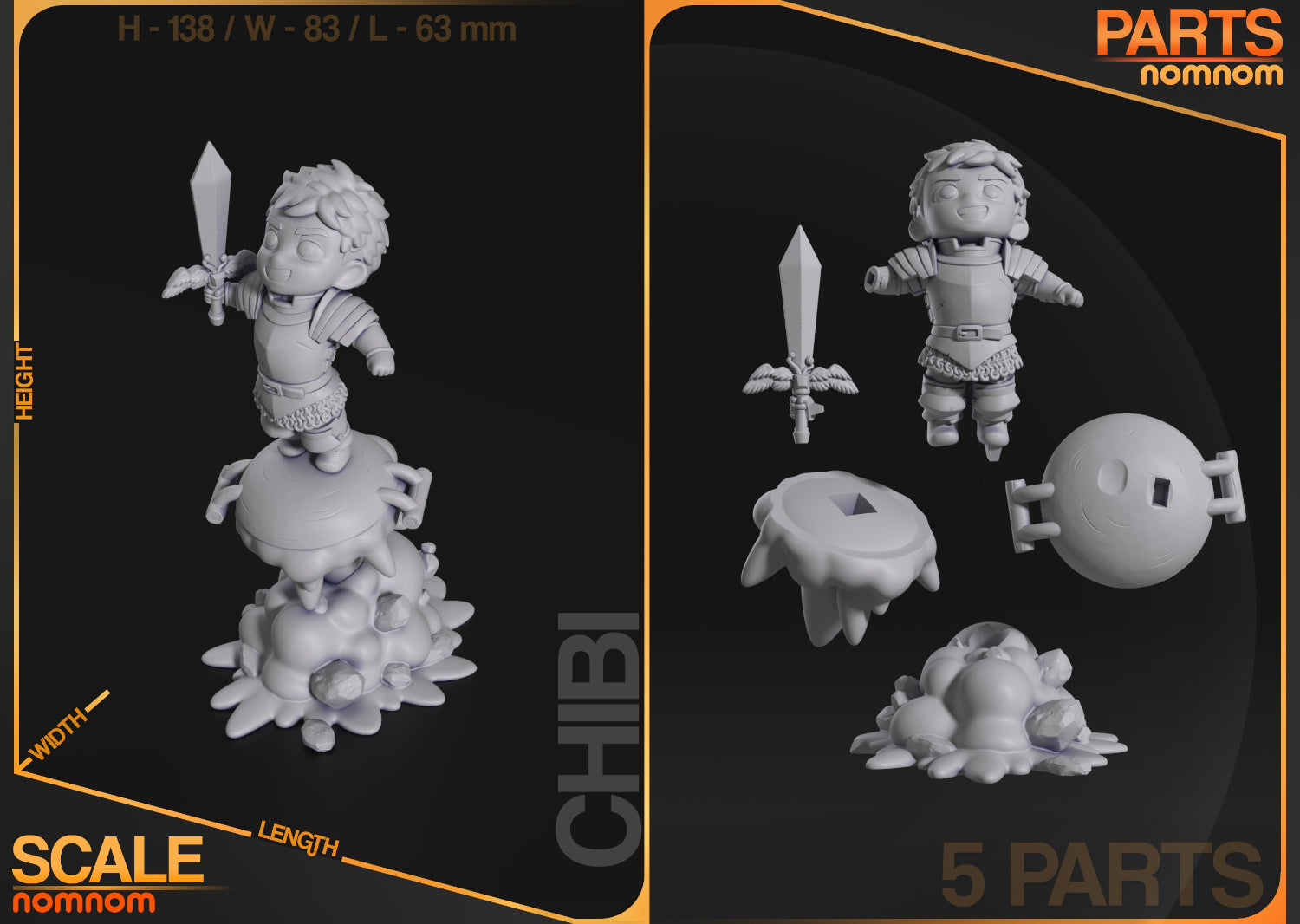 Individual parts of Chibi Laios Touden diorama, featuring sword, base, and detailed components.