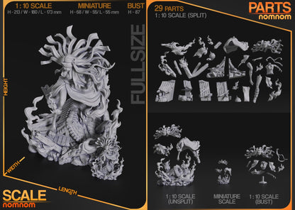 Multiple parts of the Nezuko Kamado miniature, including her flowing hair, rooftop base, and swirling flames, designed for assembly.