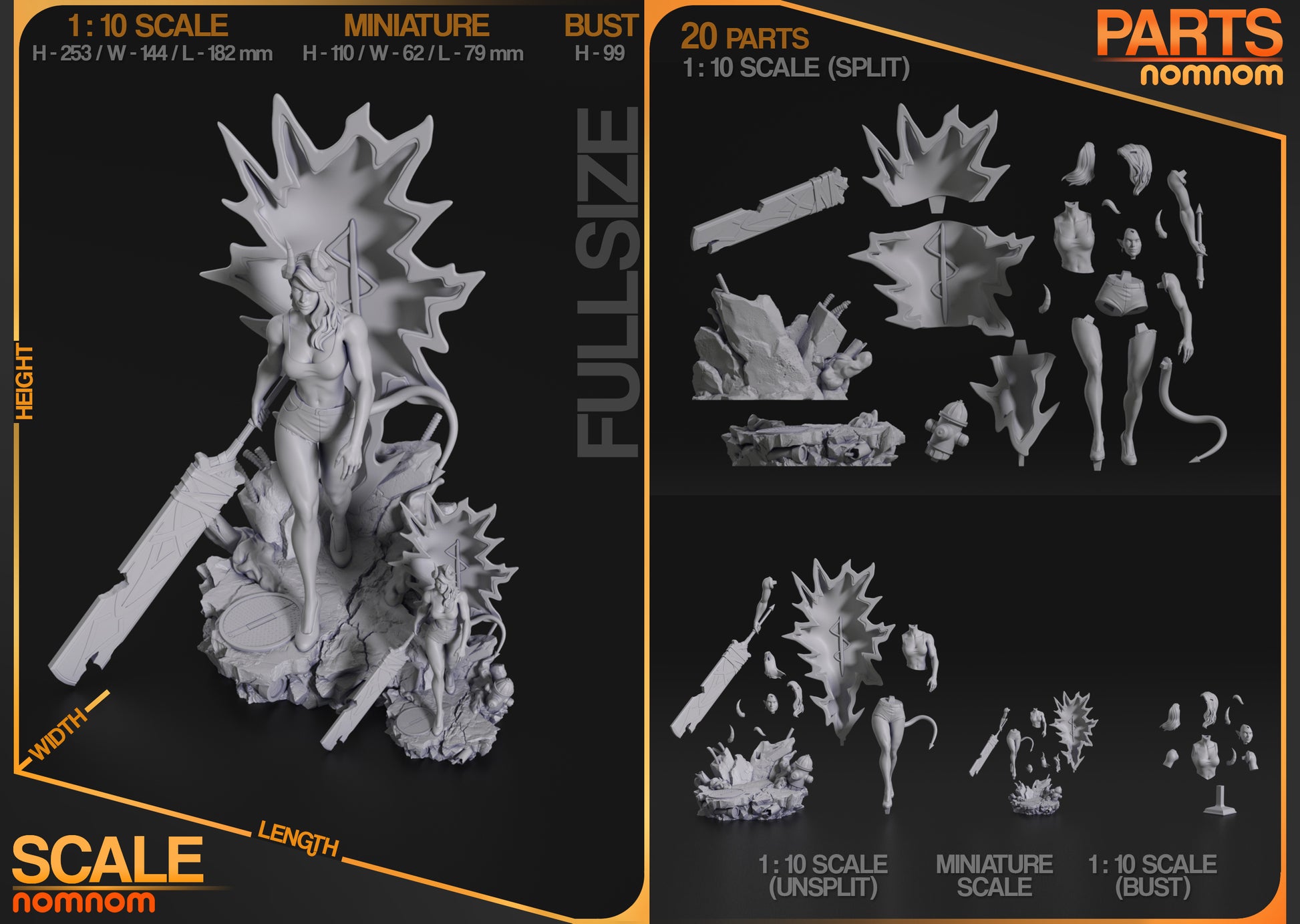 Malevola Dispatch figure scale and parts layout, demon woman 1:10 scale figure, miniature and bust options shown, modular components, urban rubble base, multi-part display model