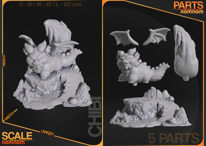 Render of Chibi Themberchaud's sculpted components, showcasing a 5-piece design including the dragon, wings, and base.