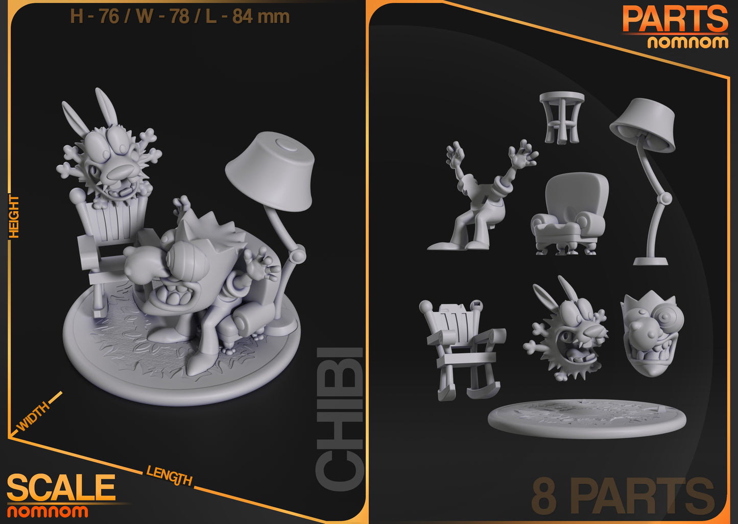 Chibi Courage the Cowardly Dog collectible figure scale reference showing assembled figure on round base with height width and length measurements alongside modular parts layout including characters furniture lamp and base
