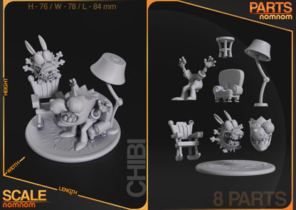 Chibi Courage the Cowardly Dog collectible figure scale reference showing assembled figure on round base with height width and length measurements alongside modular parts layout including characters furniture lamp and base