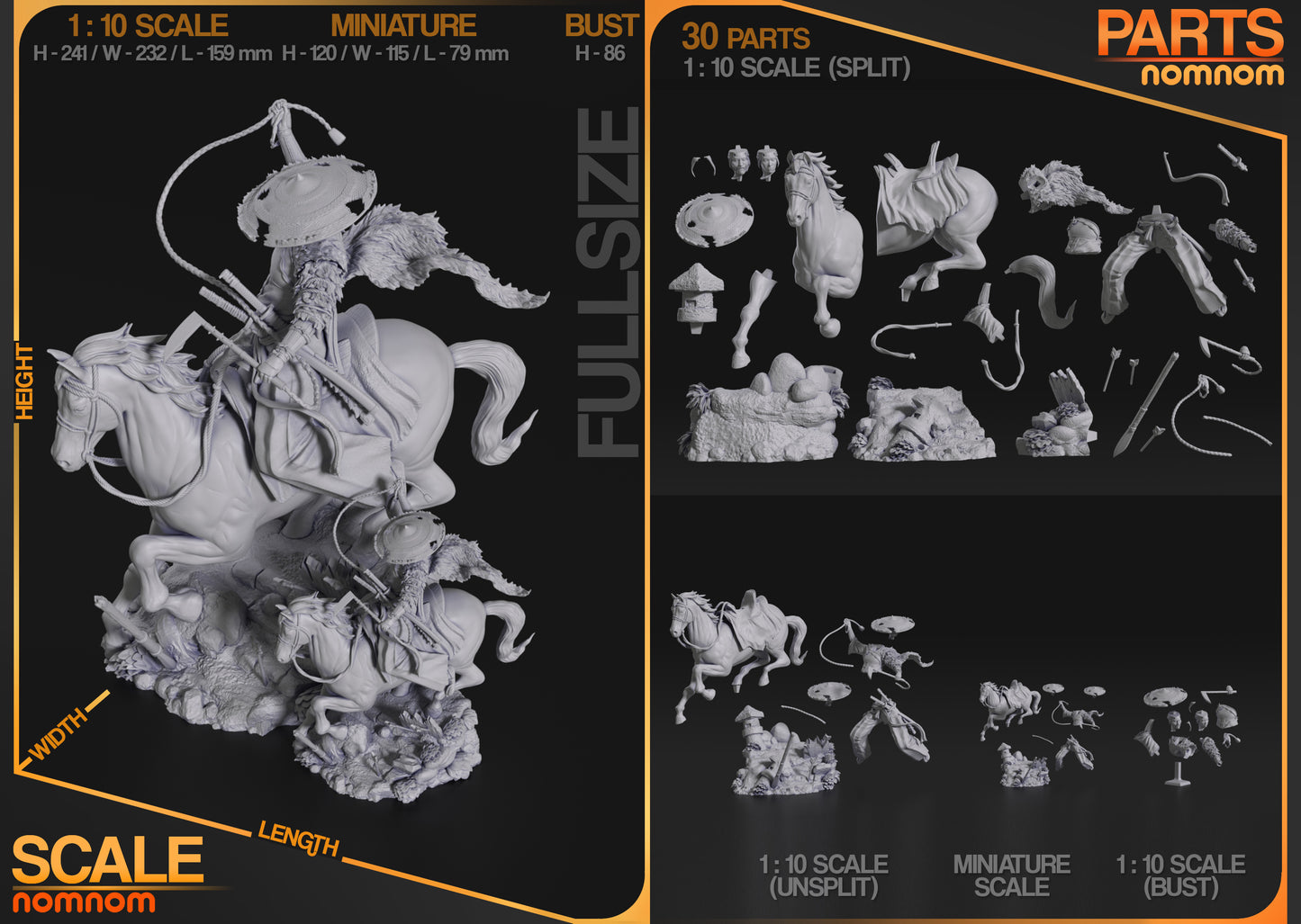 Atsu Ghost of Yotei 3D printed parts layout and scale comparison – 1:10 scale miniature and bust from NomNom Figures