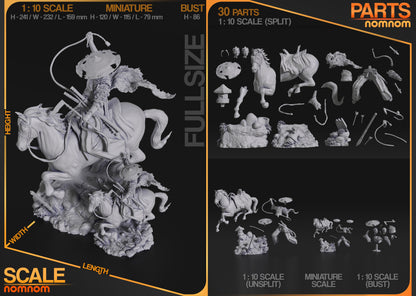 Atsu Ghost of Yotei 3D printed parts layout and scale comparison – 1:10 scale miniature and bust from NomNom Figures