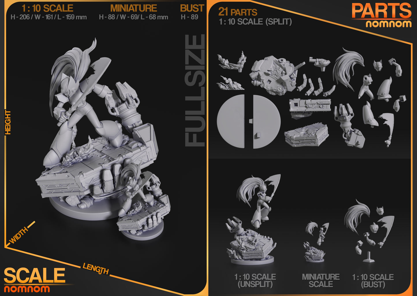 Zero from Mega Man shown in a scale diagram, highlighting the 1:10 scale dimensions, modular parts, and intricate design for collectors.