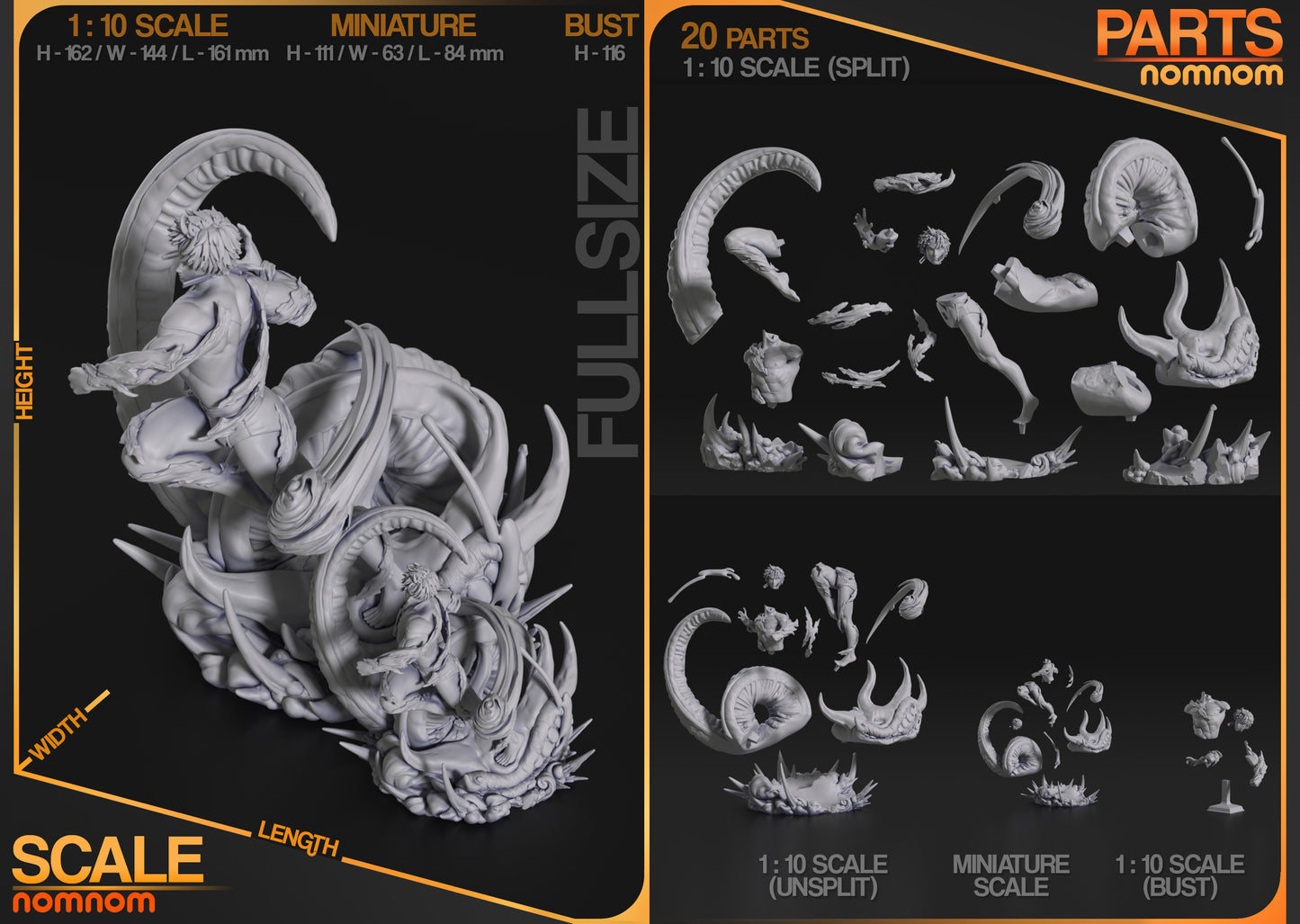 jiji evil eye dandadan figure parts layout tentacle creature components full figure miniature bust size chart assembly reference