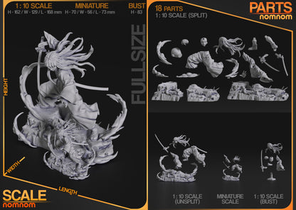Muichiro Demon Slayer 1:10 scale model kit parts showing split components, base, hair, arms, sword, and bust