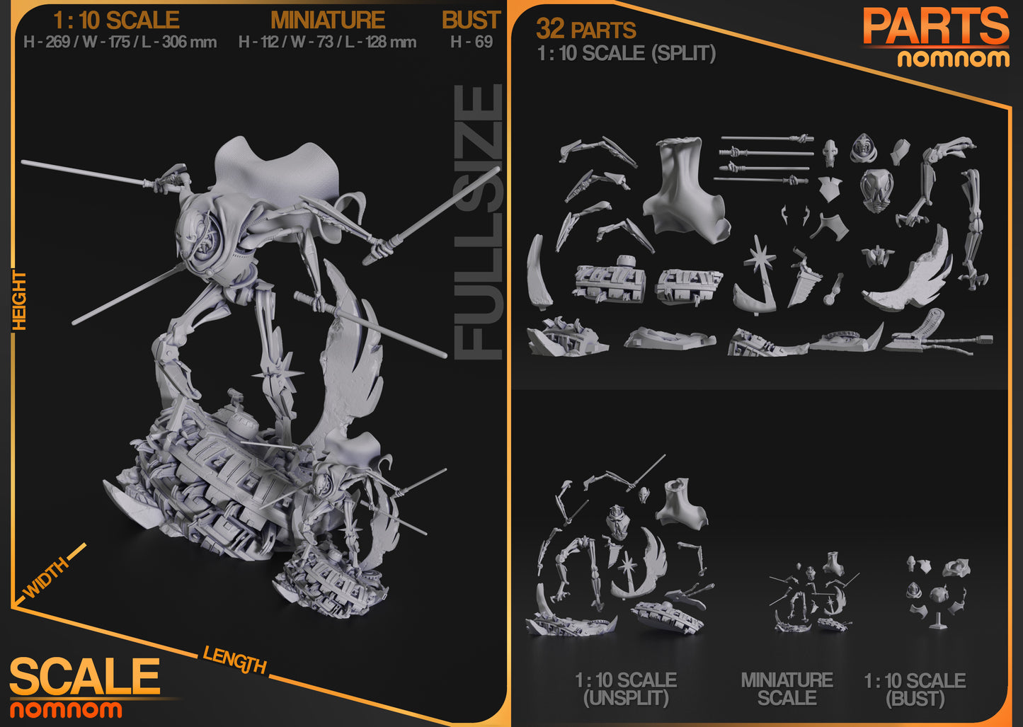 Overview of General Grievous figure kit showing 32 parts and scale options including bust, 75mm miniature, and full 1:10 scale, posed atop mechanical wreckage.