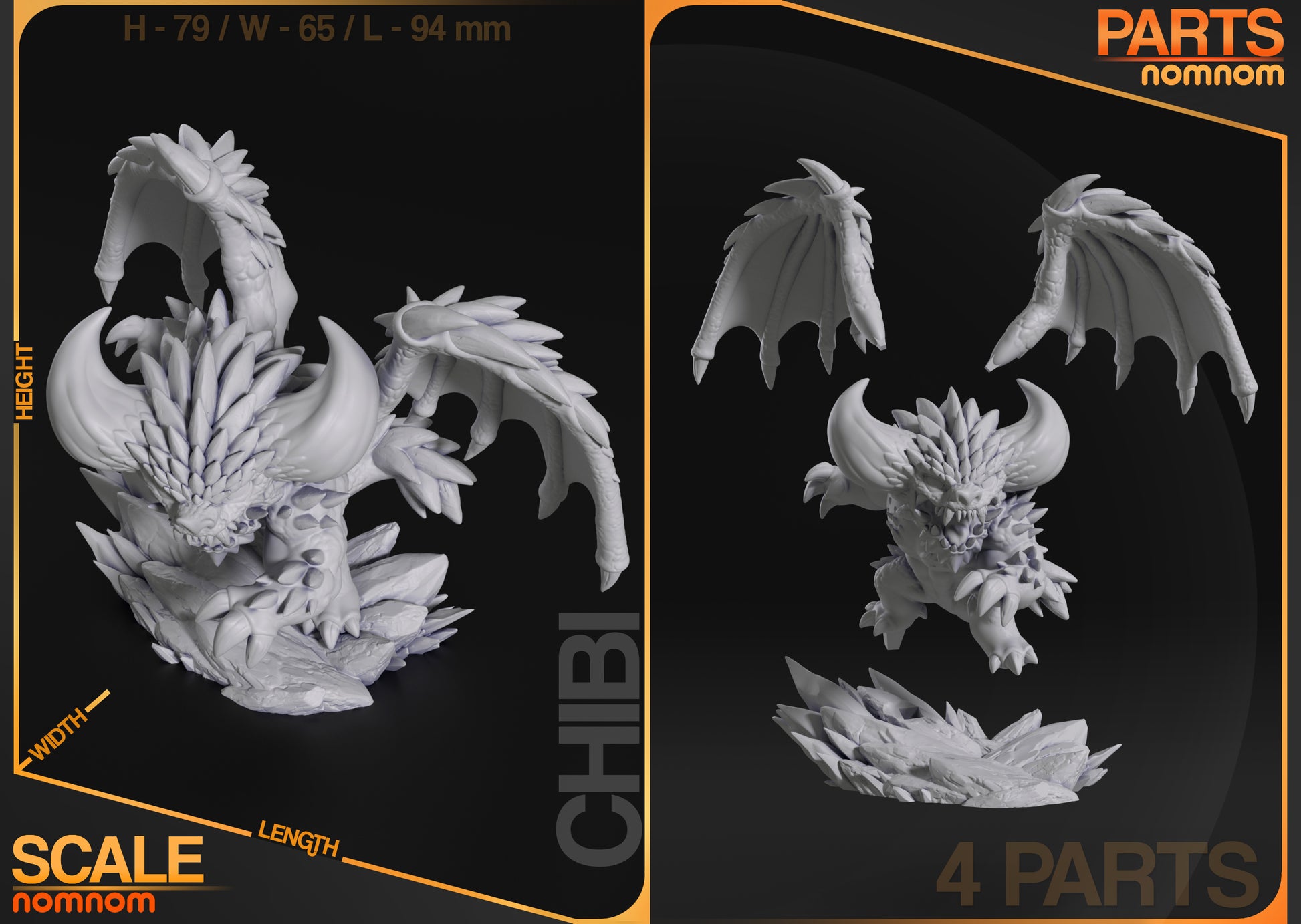 Chibi Nergigante parts layout showing body, wings, and base for modular assembly.