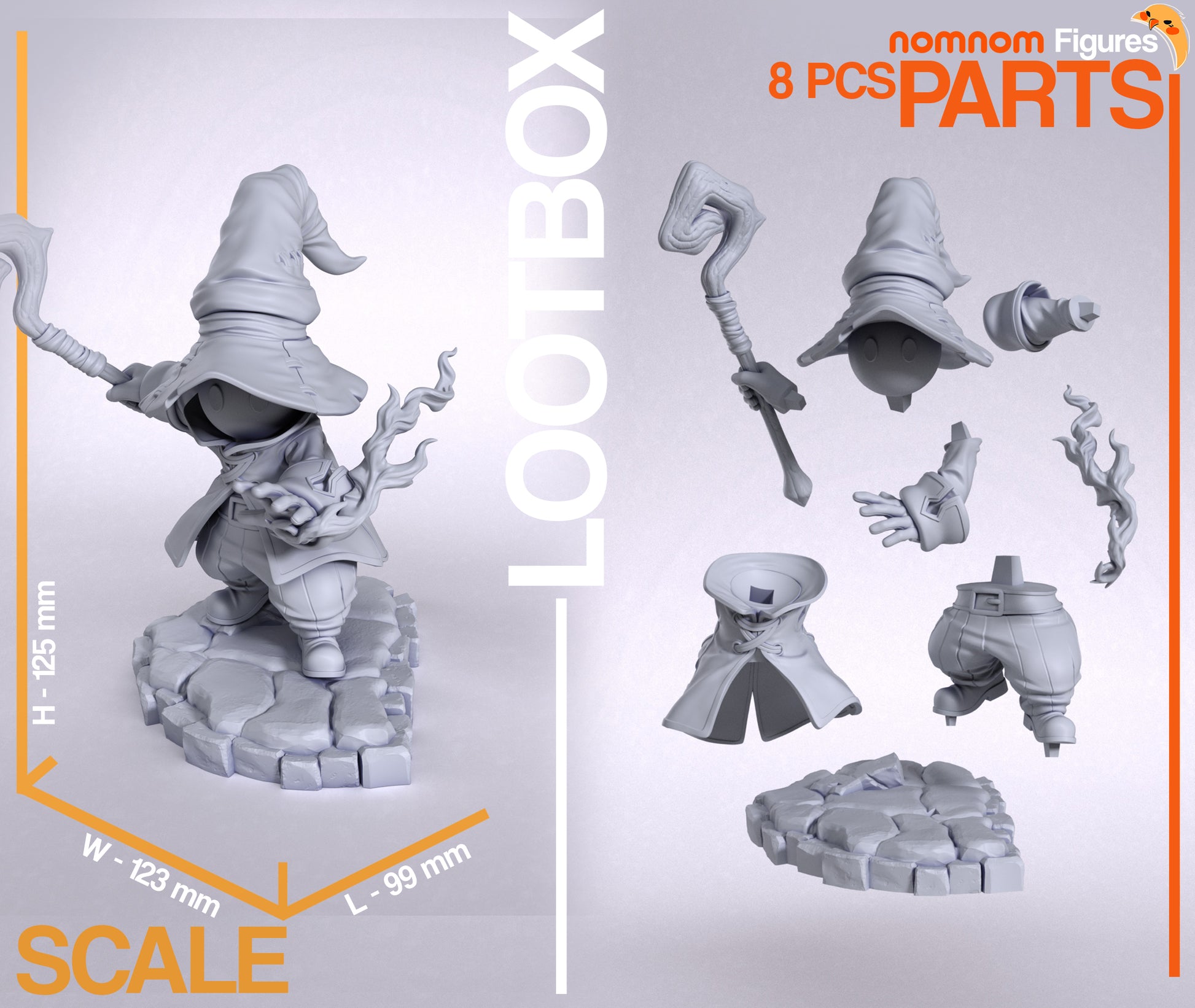 Gray render of Vivi's figure with scale dimensions and exploded view showing all 8 parts including base, limbs, torso, flame, and staff.