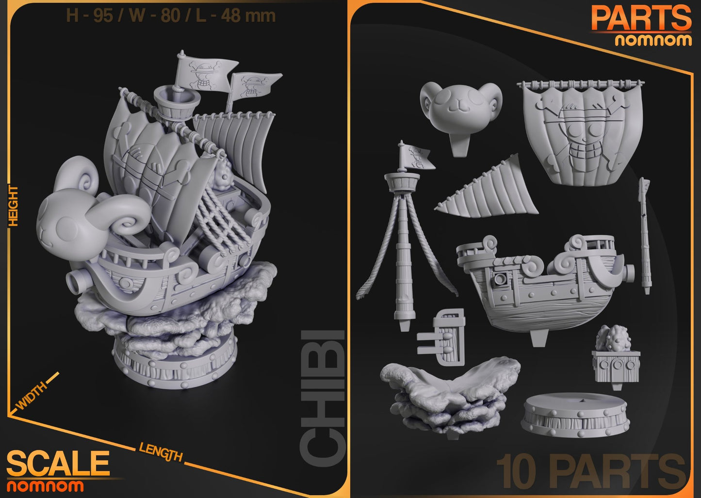 Breakdown of the Chibi Going Merry ship in 10 parts, showcasing individual components like sails, mast, and base.

A 3D rendering of the Chibi Going Merry ship, highlighting its dimensions (height: 95mm, width: 80mm, length: 48mm) and intricate design.