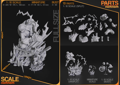 Multiple components of Zenitsu's figure, including the dynamic lightning effects, base, and detailed pose elements for assembly.