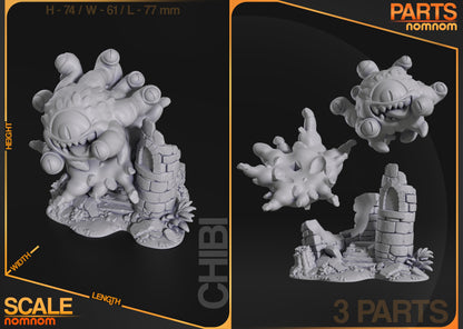 Unpainted Chibi Beholder collectible figurine featuring a single large central eye, multiple eyestalks, and a toothy grin. Set atop a stone ruin base with detailed plants, with included scale dimensions and part breakdown.