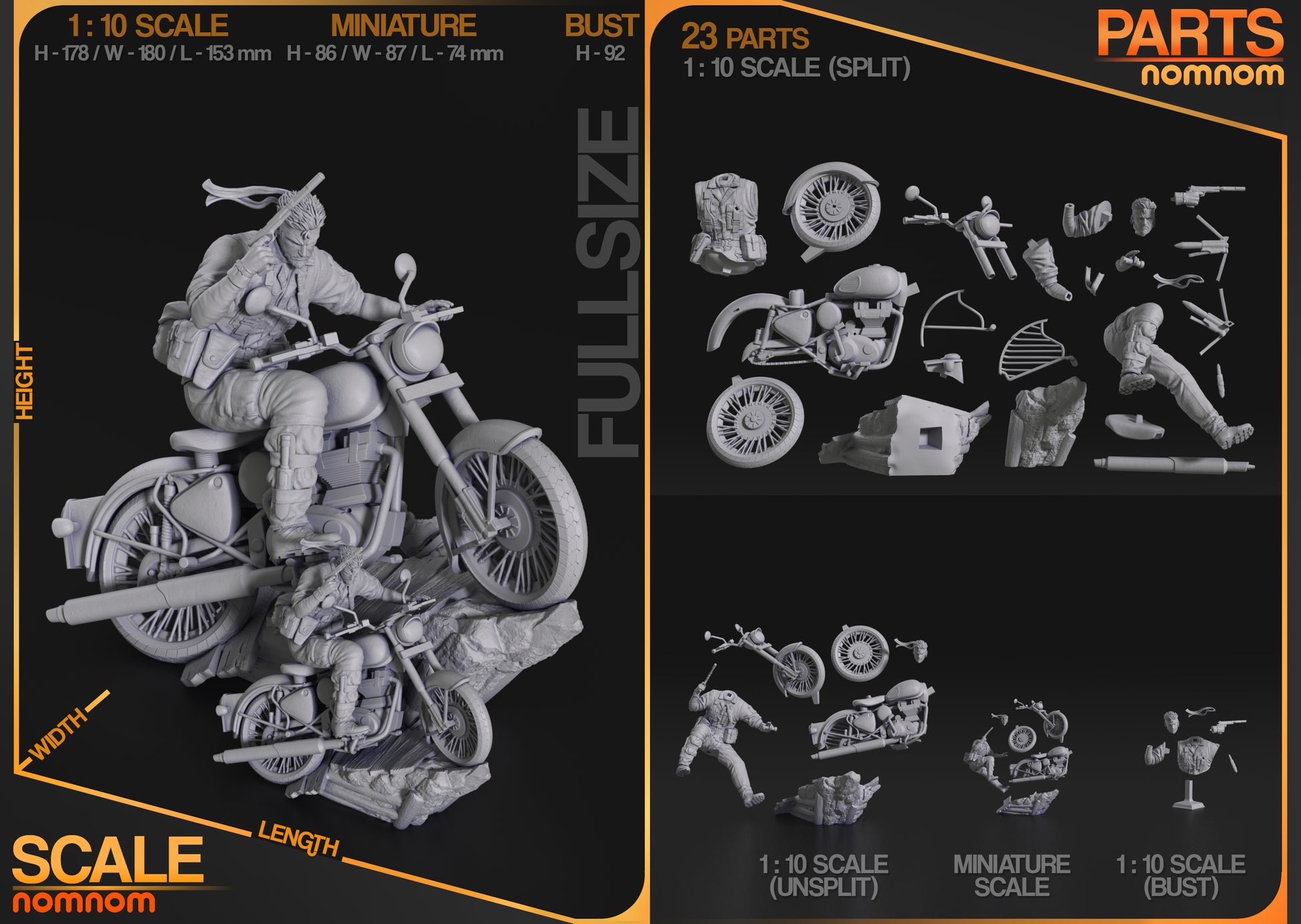 Naked Snake grey-scale parts breakdown, 1:10 scale motorcycle, Snake, and accessories.