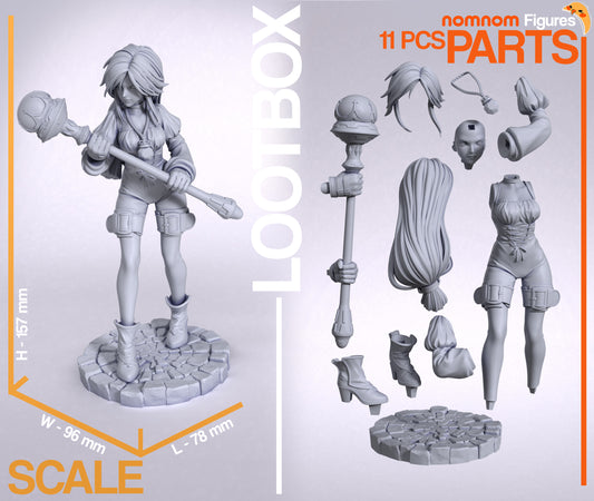 Unpainted 3D sculpt of Garnet showing separated modular parts including hair, staff, boots, base, and bodice components