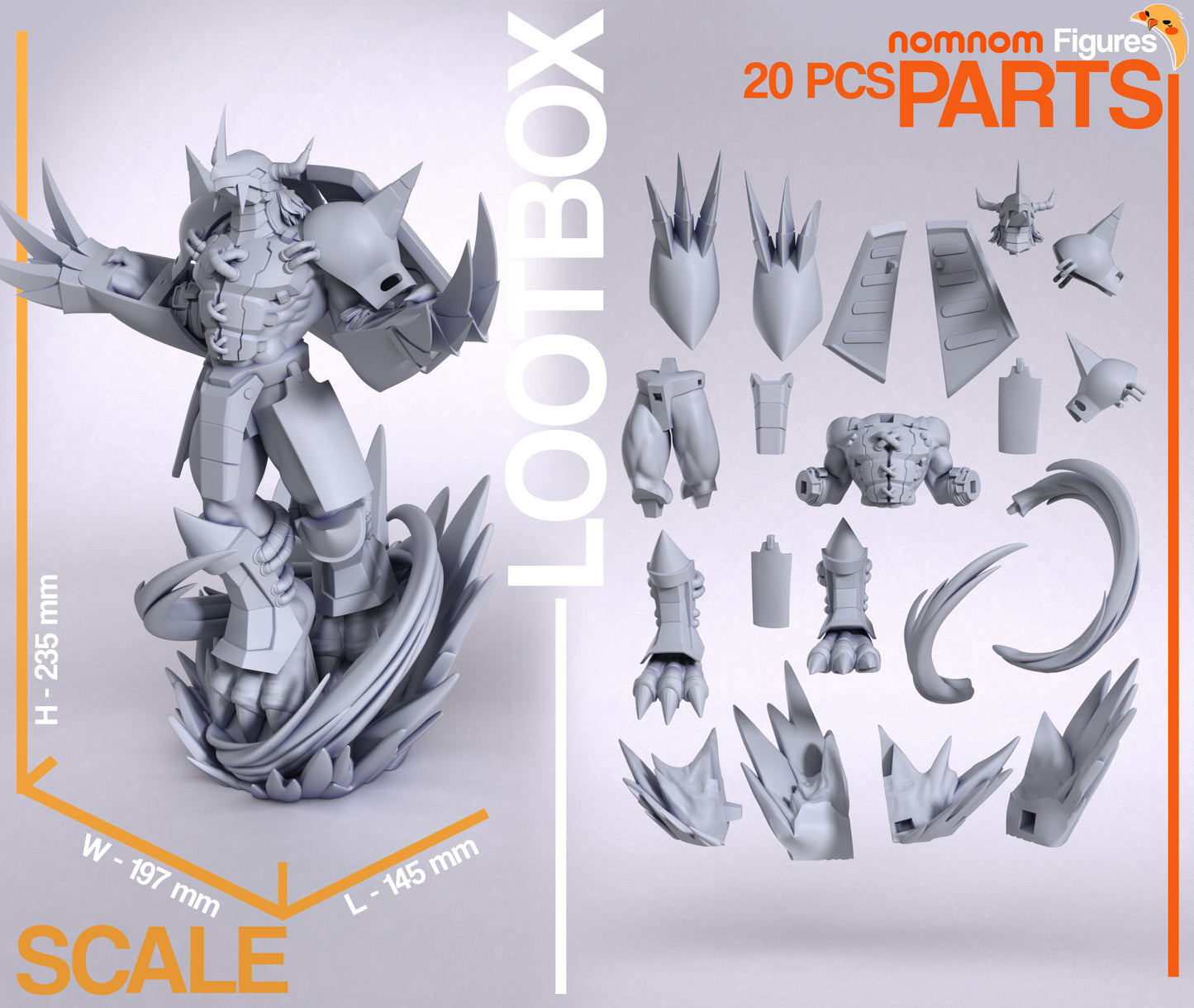 Wargreymon Digimon figurine unpainted 1:10 scale parts layout showing 20 modular pieces for assembly