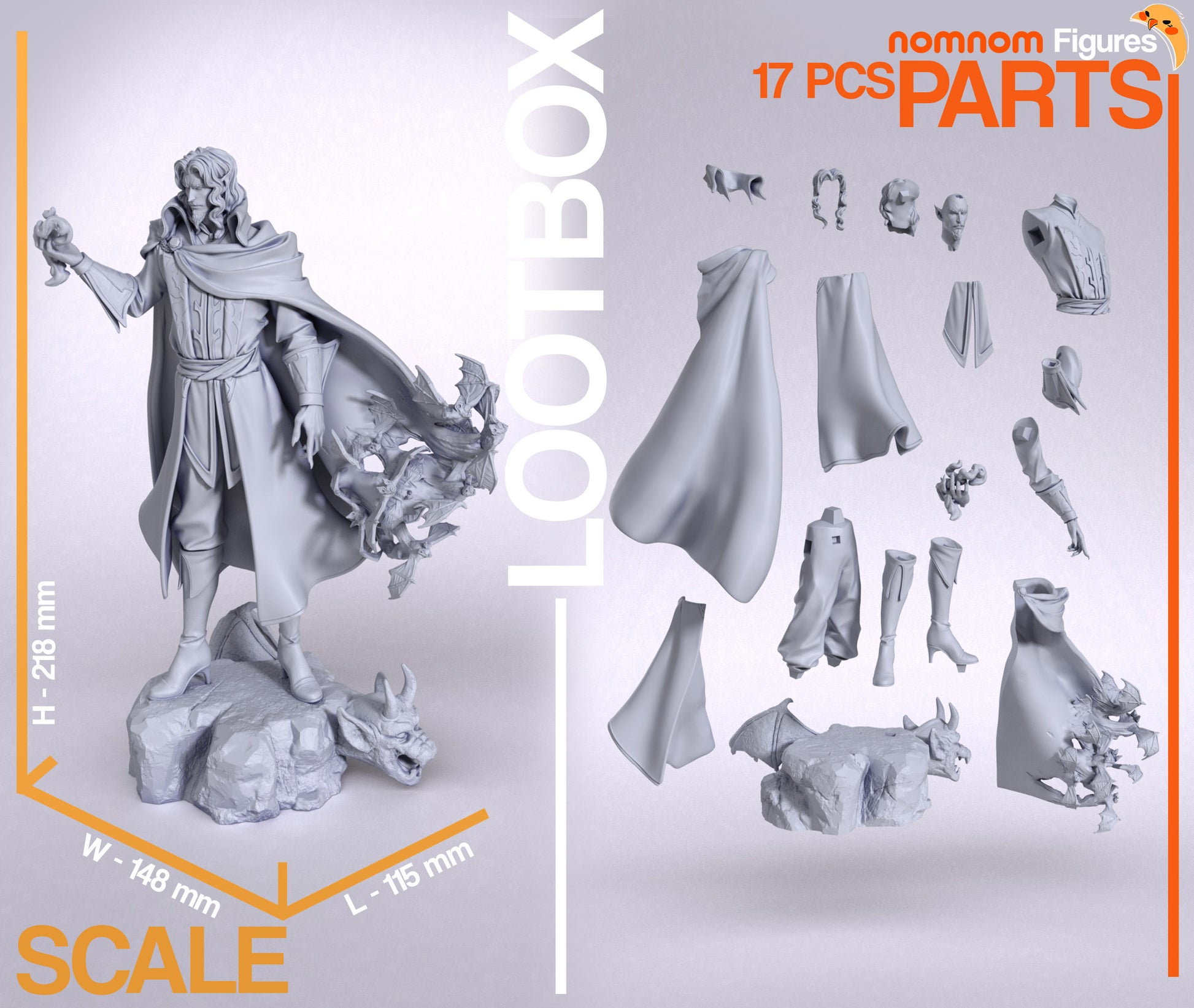 Dracula collectible figure unassembled parts layout showing cloak pieces, body sections, bat effects, and base components for 1:10 scale statue