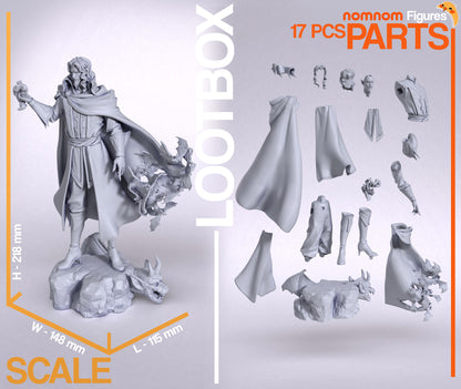 Dracula collectible figure unassembled parts layout showing cloak pieces, body sections, bat effects, and base components for 1:10 scale statue