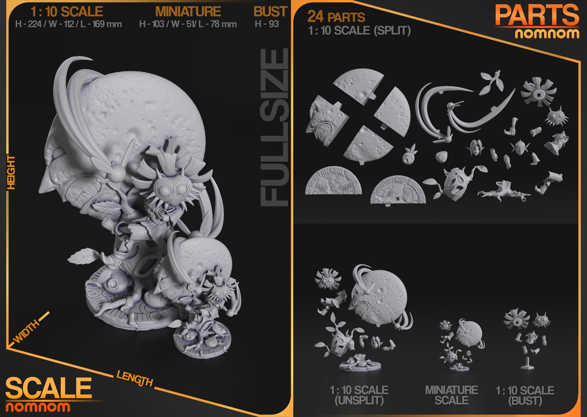 Skull Kid model assembly details showing the 75mm scale, 1:10 scale, and bust versions, with labeled dimensions and parts.