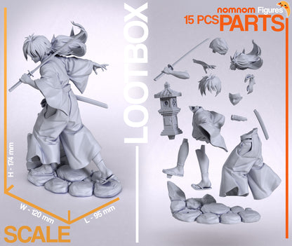Kenshin Himura 1:10 scale figure with exploded parts view showing 15 components, stone base, lantern, kimono sections, head, arms, sword, and scale dimensions.