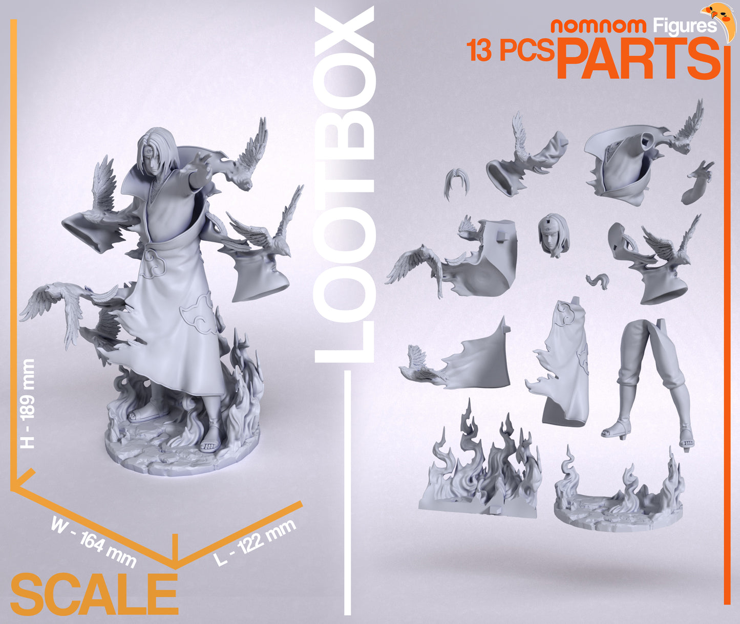 Itachi Uchiha collectible exploded parts view showing head, torso, arms, cloak sections, crow effects, flame base, and modular components