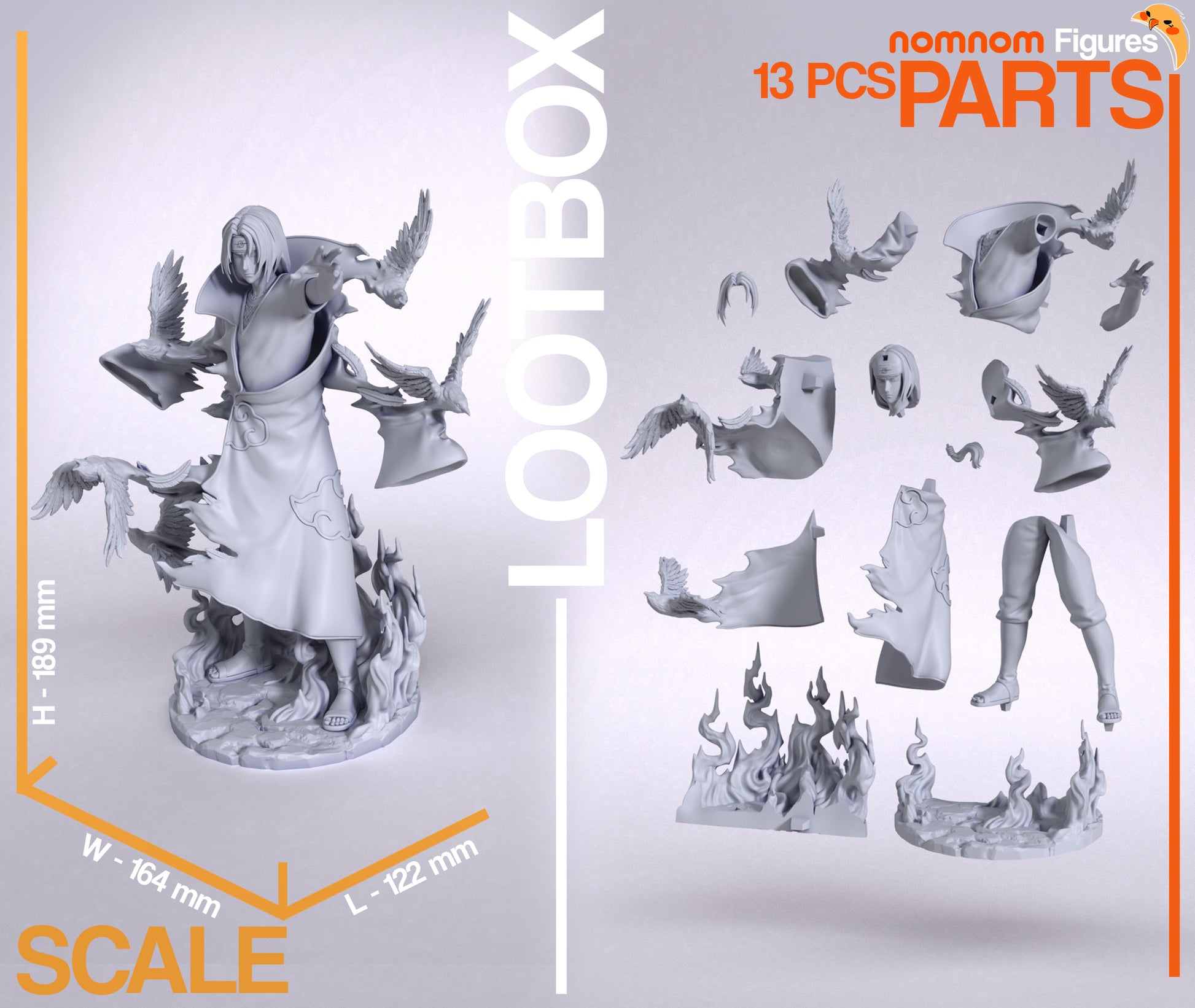 Itachi Uchiha collectible exploded parts view showing head, torso, arms, cloak sections, crow effects, flame base, and modular components