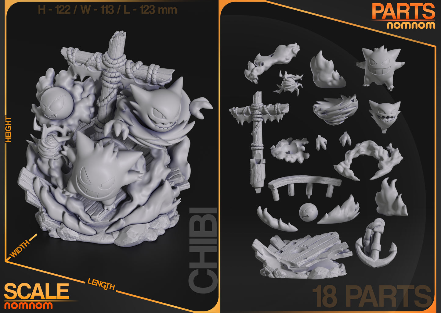Breakdown of the Ghosts Diorama showing 18 unassembled parts including the figures of Gengar, Haunter, Gastly, wooden planks, mast, anchor, and swirling smoke effects alongside a grayscale view of the full model.