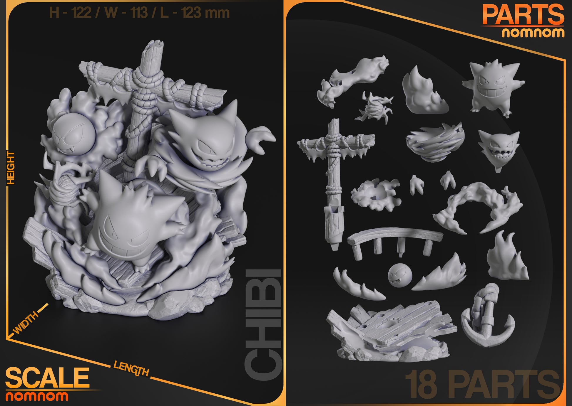 Breakdown of the Ghosts Diorama showing 18 unassembled parts including the figures of Gengar, Haunter, Gastly, wooden planks, mast, anchor, and swirling smoke effects alongside a grayscale view of the full model.