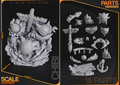 Breakdown of the Ghosts Diorama showing 18 unassembled parts including the figures of Gengar, Haunter, Gastly, wooden planks, mast, anchor, and swirling smoke effects alongside a grayscale view of the full model.