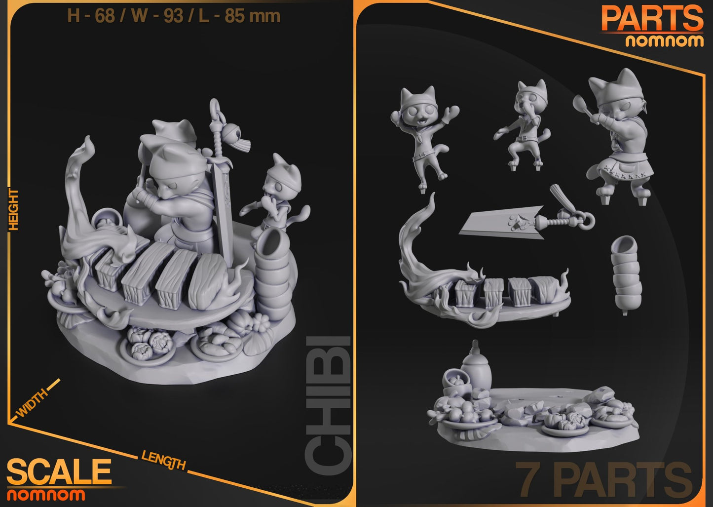 Parts layout for the Chibi Meowscular Chef miniature, showing seven pieces including the base, characters, cleaver, and food details.