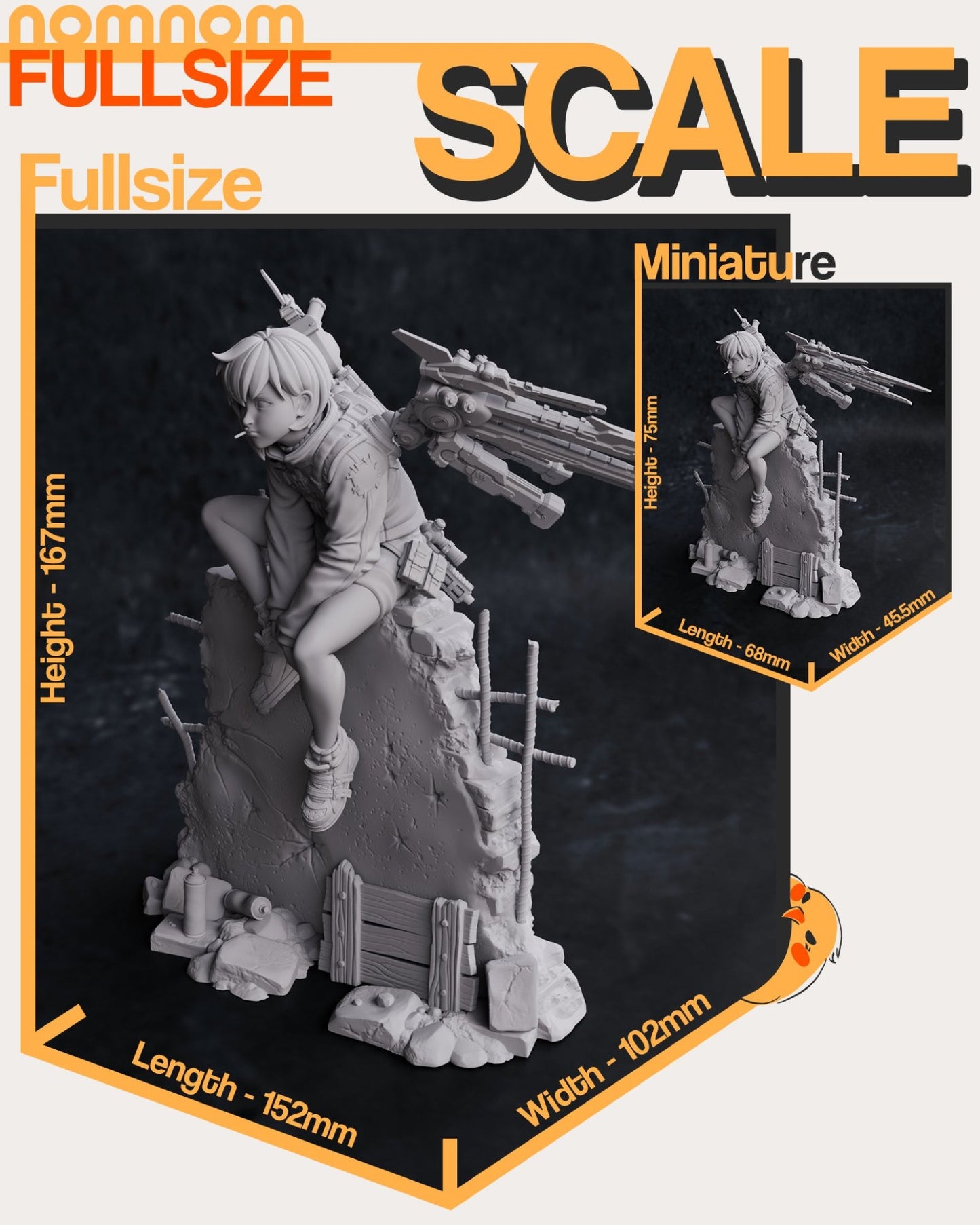 Scale comparison for Valrie figure, showing dimensions for both 1:10 and 75mm scale versions, seated on a realistic ruined wall.