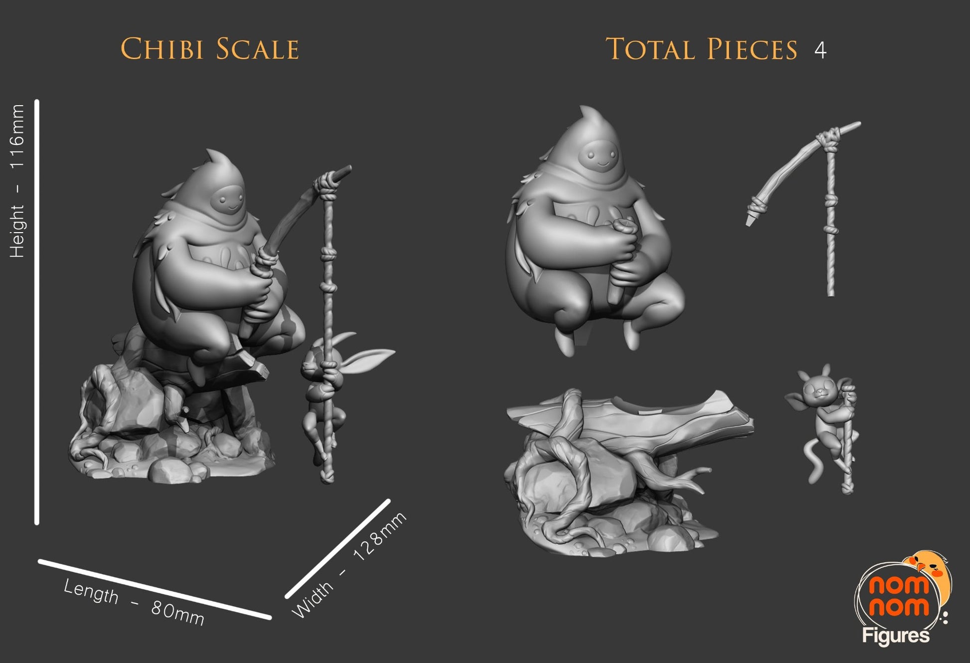 A breakdown of the collectible figure, showing the scale and individual parts of Naru, Ori, and the rock base.