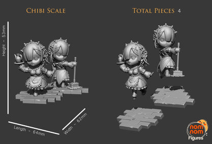 Sizing and parts of Rem and Ram miniatures, showcasing intricate poses and base details in grayscale.