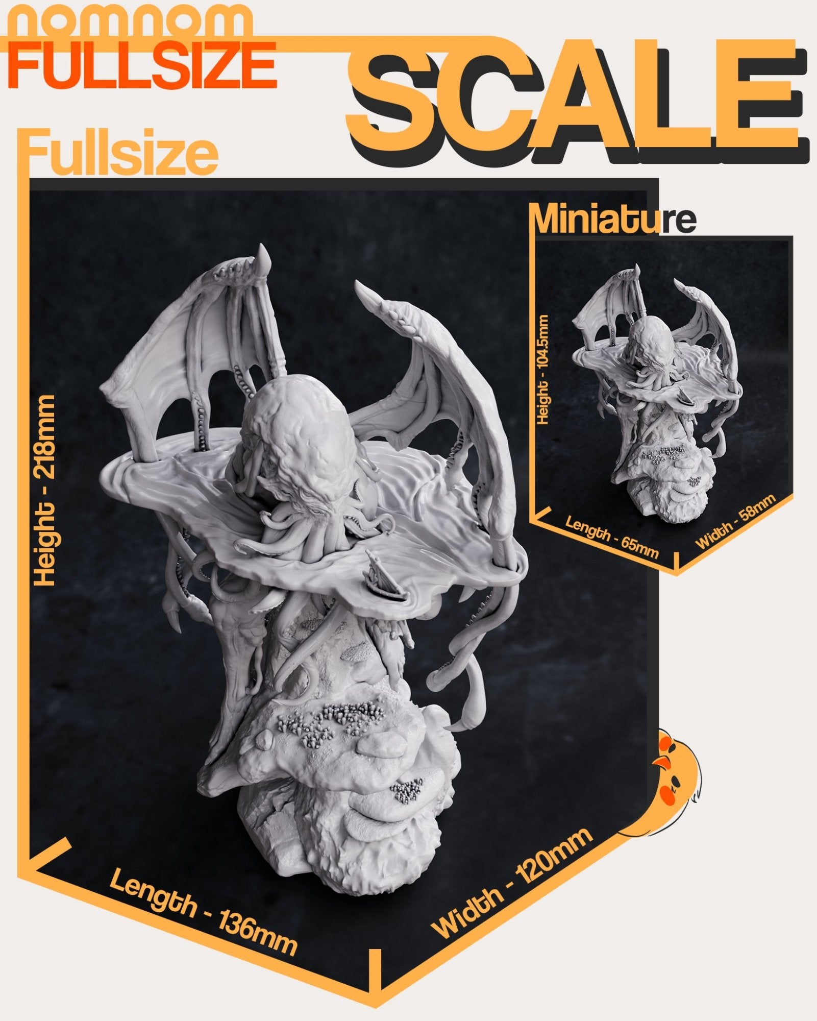 Scale comparison of the Cthulhu figure in 75mm and 1:10 sizes, highlighting its height, base, and intricate details.